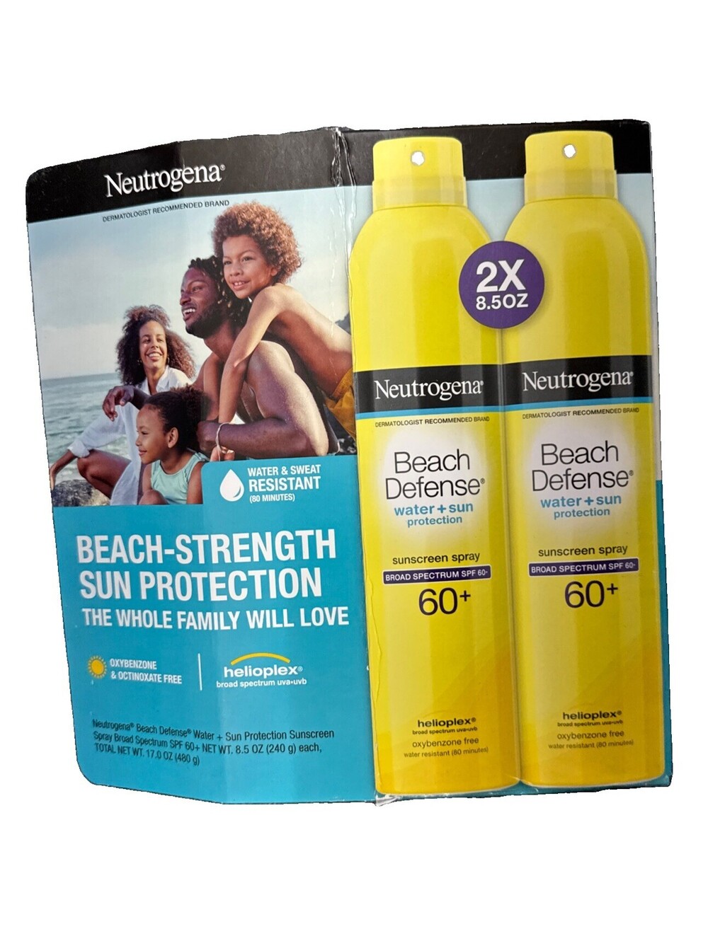2pk Neutrogena BEACH DEFENSE SPF 60 Body Sunscreen Spray Lotion 8.5 oz Open Box